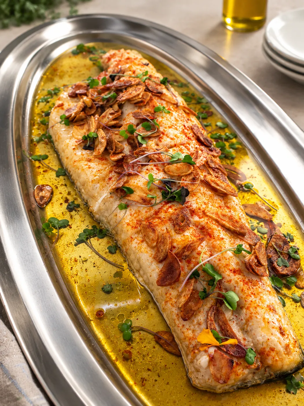 Pescado entero al horno con aceite y hierbas