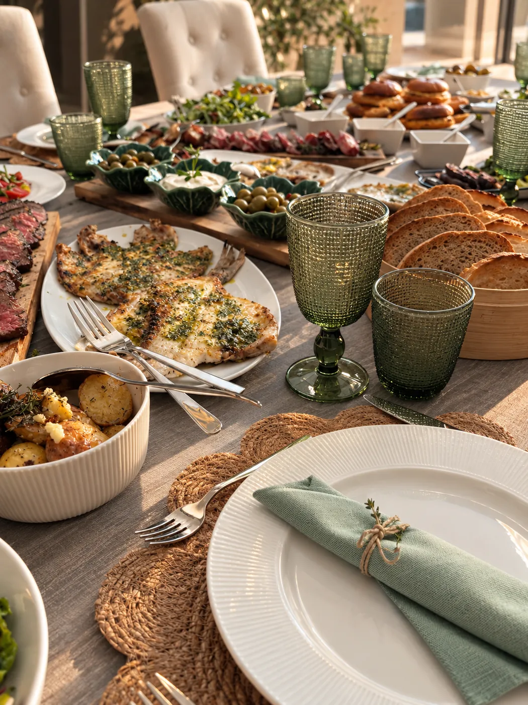 Mesa de celebración con múltiples platos al centro