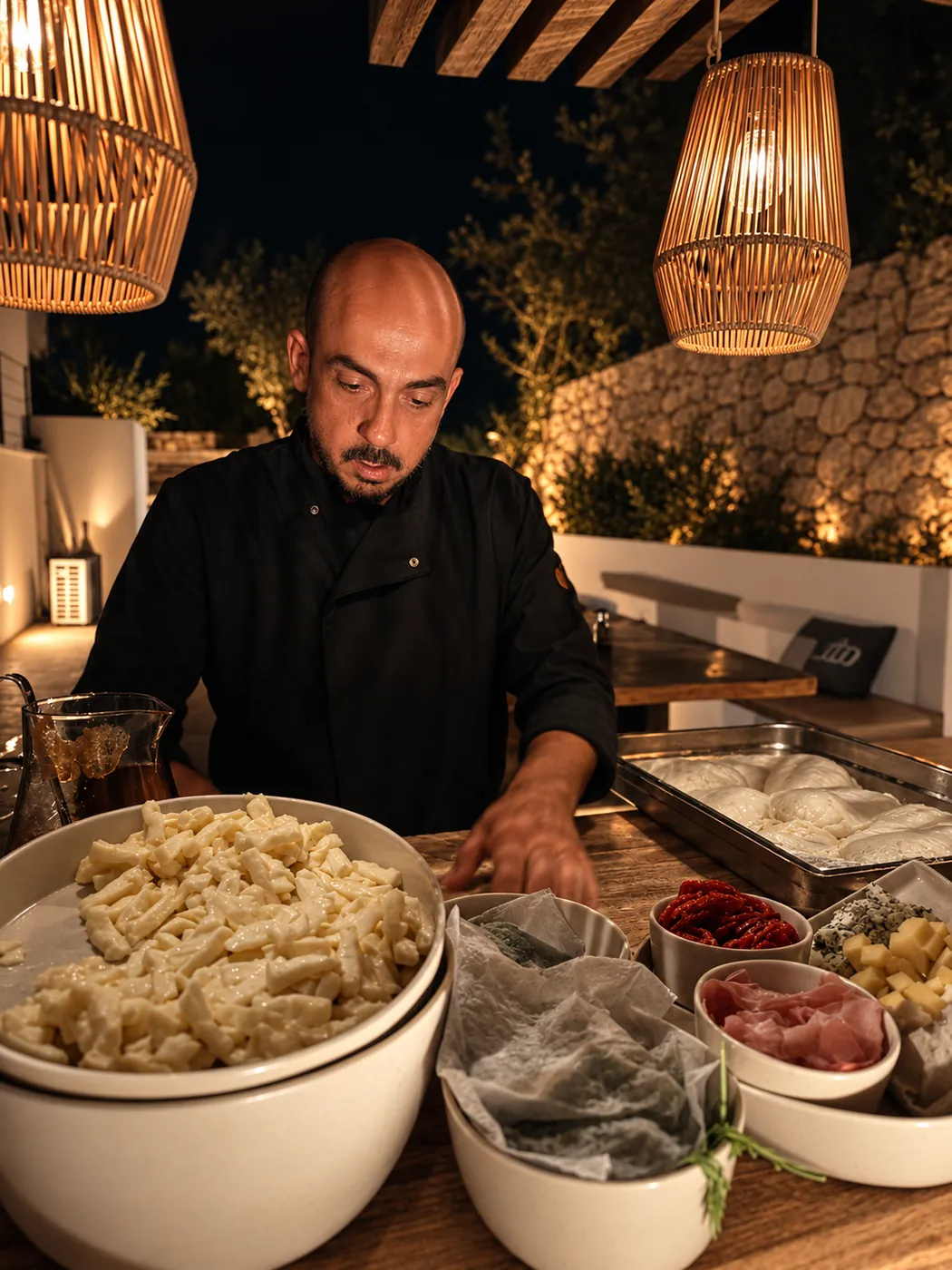 Carlos cocinando frente a los invitados bajo lámparas de exterior